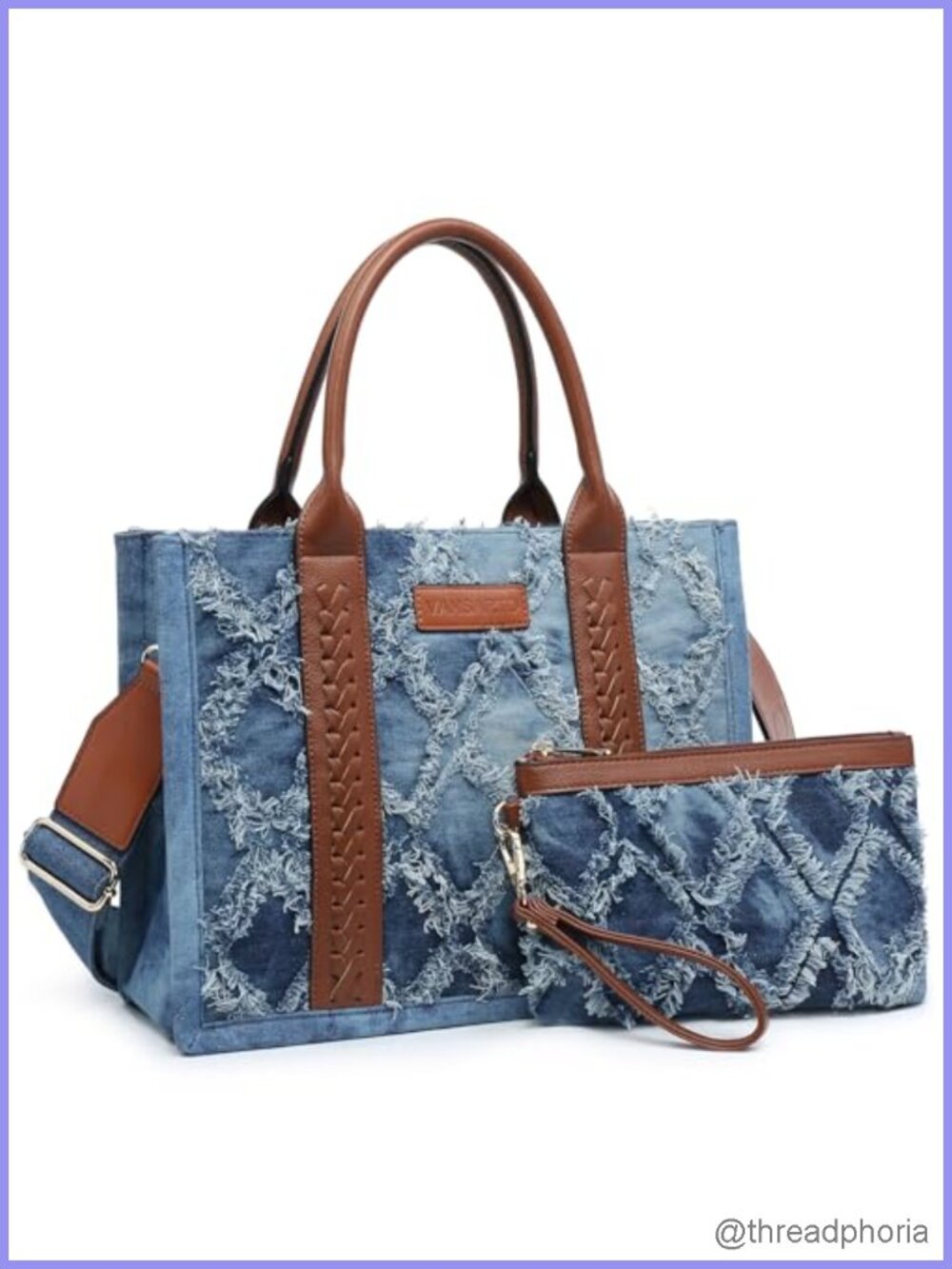 Vegan Leather Denim Tote Bag Satchel Handbag with Wristlet